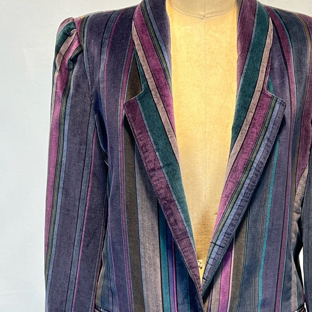 VINTAGE velvet moody jewel tone stripe blazer suit coat womens tailored 80s - Picture 6 of 12